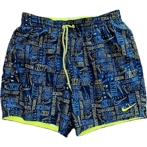Nike Men's Logo Mash-Up 5" Volley Swim Shorts Blue Yellow Small Beach Trunks - Picture 1 of 3